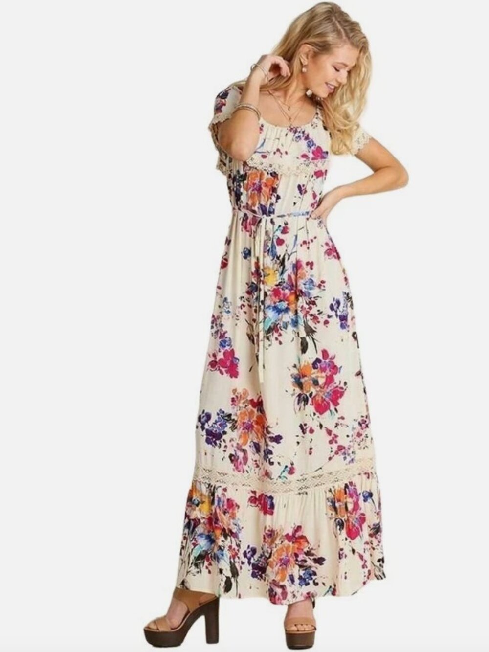 UMGEE Bohemian BOHO Ruffled Chic Romantic Sz L Floral Maxi Peasant Dress